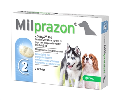 Krka Milprazon Ontwormingstabletten Hond >0,5 KG 2,5 MG/25 MG 2 Tbl