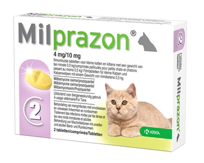Krka Milprazon Ontwormingstabletten Kat >0,5 KG 4 MG/10 MG 2 Tbl