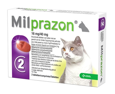 Krka Milprazon Ontwormingstabletten Kat >2 KG 16 MG/40 MG 2 Tbl