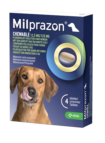 Krka Milprazon Kauwtabletten Ontwormingstabletten Hond >5 KG 12,5 MG/125 MG 4 Tbl