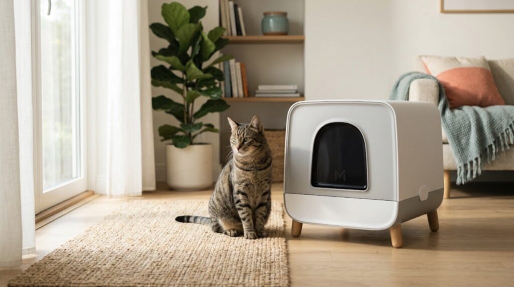 Cyperse kat naast een moderne dichte kattenbak in een lichte woonkamer