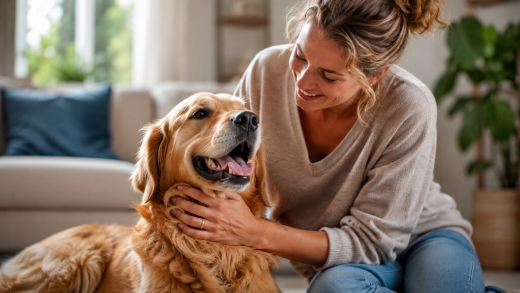 Gezonde hond met glanzende vacht wordt geaaid, ondersteund met supplementen