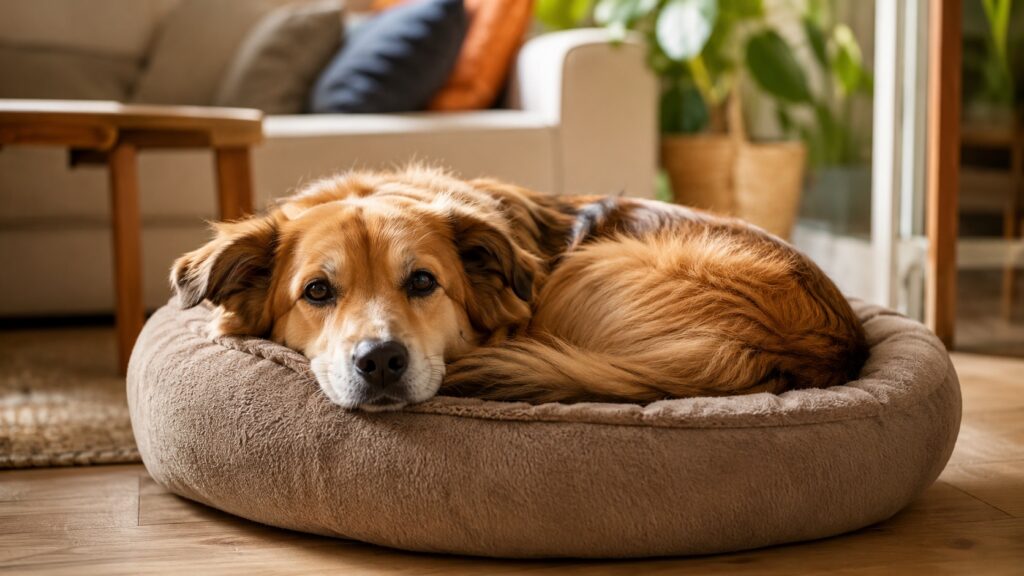 Hond ligt ontspannen in een zachte ronde hondenmand in de woonkamer