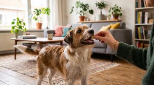 Hond krijgt een hondensnack uit de hand van zijn baasje in de woonkamer