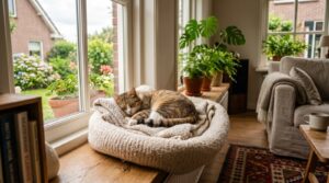 Kat slaapt opgerold in een zachte kattenmand bij het raam in de woonkamer